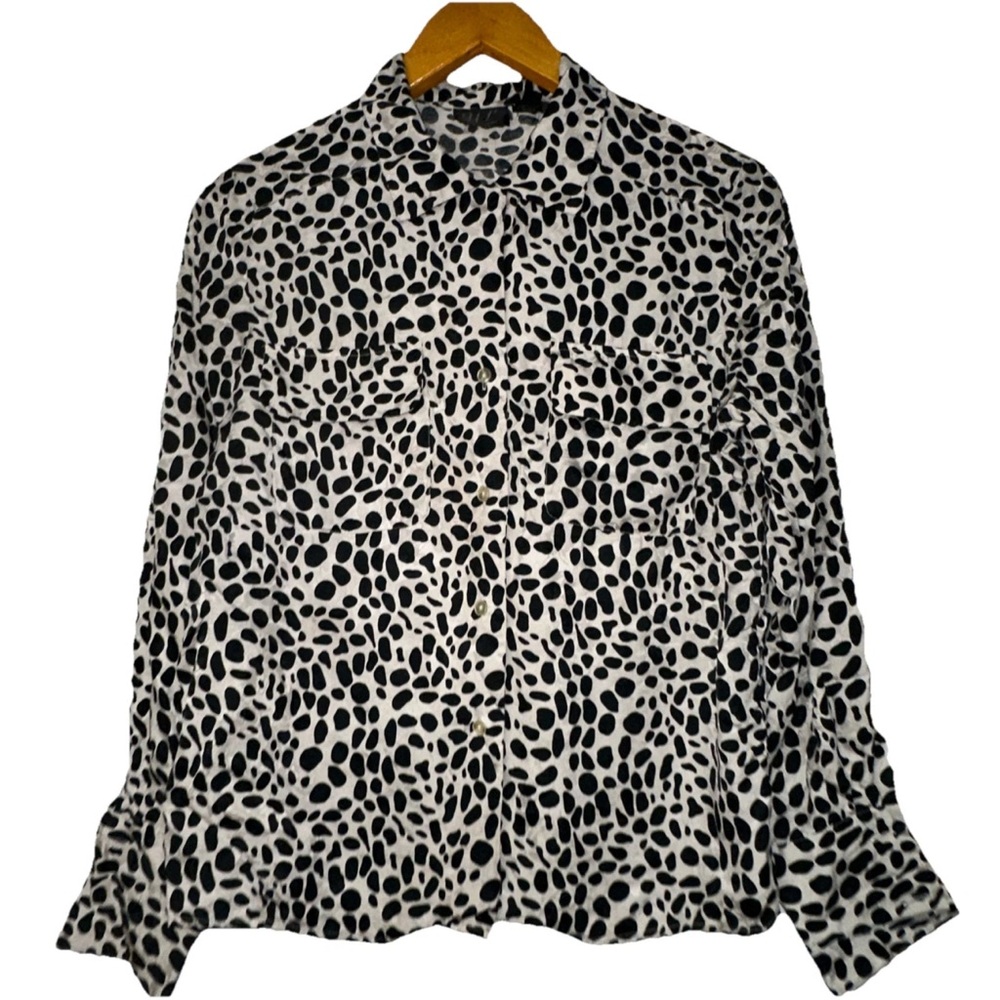 100% Silk Women’s 8 Long Sleeve Button Up Blouse Bold Abstract Quiet Luxury